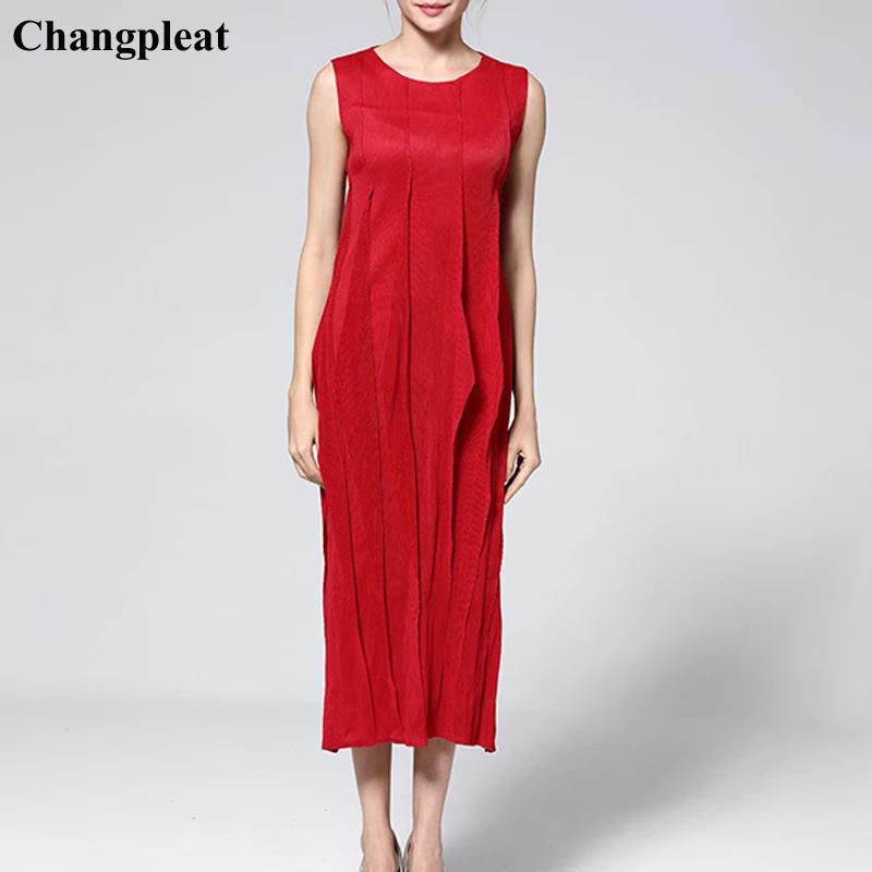 Changpleat летний для женщин макси платья miяк плиссированные модные однотонные узкие с эластичным поясом без рукавов большой размеры женское платье
