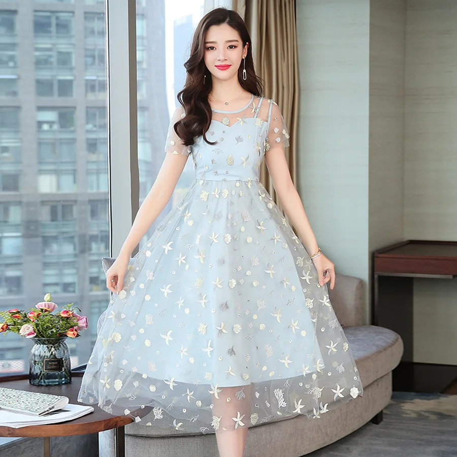 2019 Korean Vintage Boho Sundress Summer Plus Size Mesh Lace Dresses Elegant Women Bule Beach Midi Bodycon Short Sleeve Vestidos | Женская