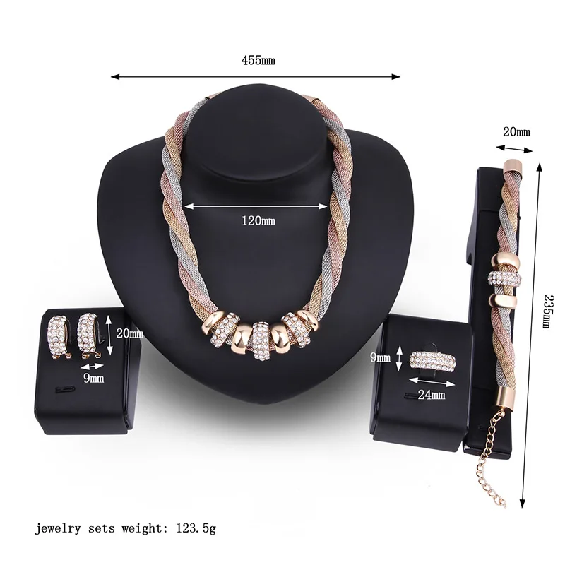 4PCS/SET Fashion Gold Dubai Jewelry Set Crystal Necklace Earrings Ring Bracelet | Украшения и аксессуары