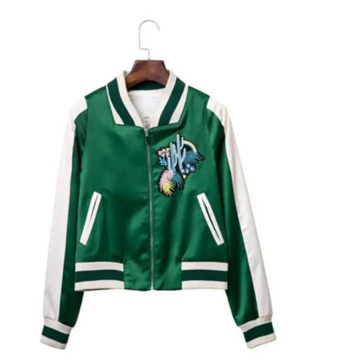 Женские кактус вышитые Курточка бомбер Атлас бейсбольная форма весеннее пальто
