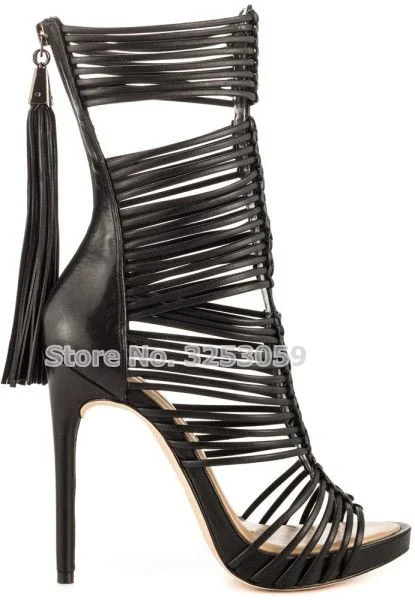 ALMUDENA High End Black White Thin Strappy Fringe Gladiator Sandals Stiletto Heels Cage Sandal Booties Tassel Dress Shoes Size43