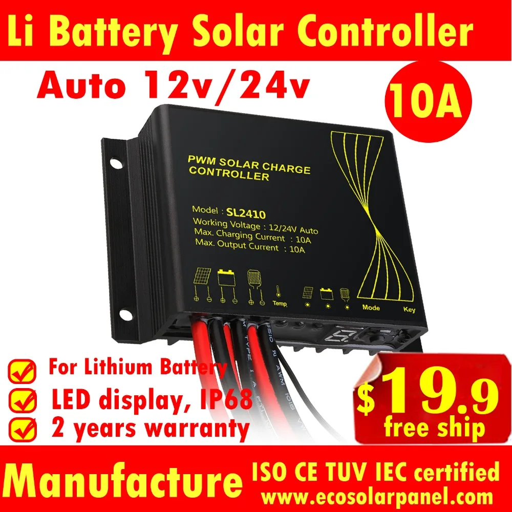 Литиевый аккумулятор 10A12V/24 В СВЕТОДИОДНЫЙ Контроллер заряда регулятор солнечной