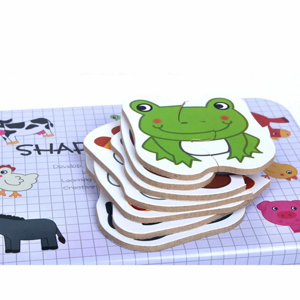 Животных деревянные игрушки Puzzle мультфильм игрушки 3d головоломка с железный ящик головоломки для детей раннего развивающие игрушки монтессори игрушка