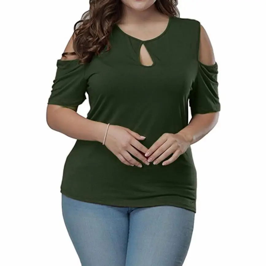 Зеленый Женские топы и блузки размера плюс 5XL, винтажные топы с открытыми плечами и круглым вырезом, футболка с коротким рукавом, одежда с вырезами, Camisa Feminina - Цвет: Зеленый