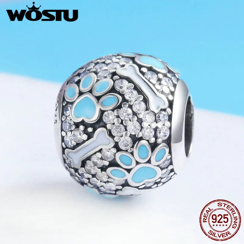 WOSTU, 925 пробы, серебряный, прозрачный, CZ, собачьи следы, кости, бусины, шарм, подходит для оригинального браслета, браслет, хорошее ювелирное изделие, подарок для изготовления CQC765