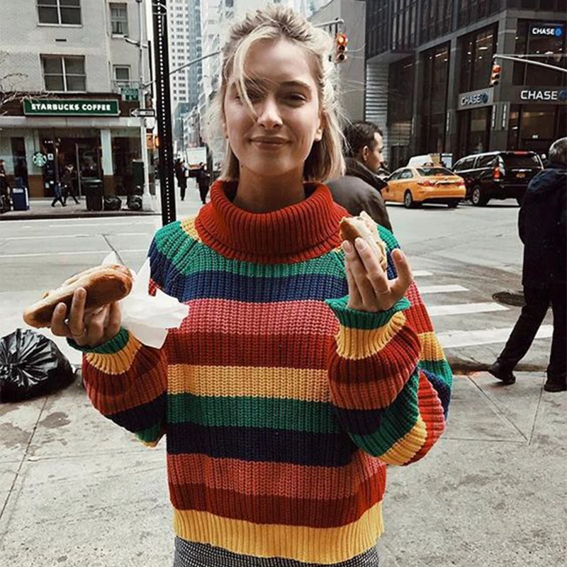CHRLEISURE Ladies Sweater Rainbow Color Loose High Collar Long-sleeved Knit Autumn And Winter Women's Women | Женская одежда