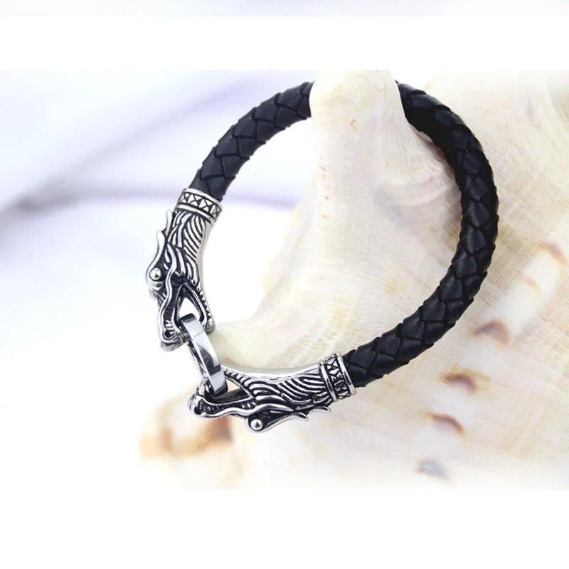 Cool men bracelet leather Tibetan silver titanium fashion male vintage accessories parataxis double dragon jewelry |