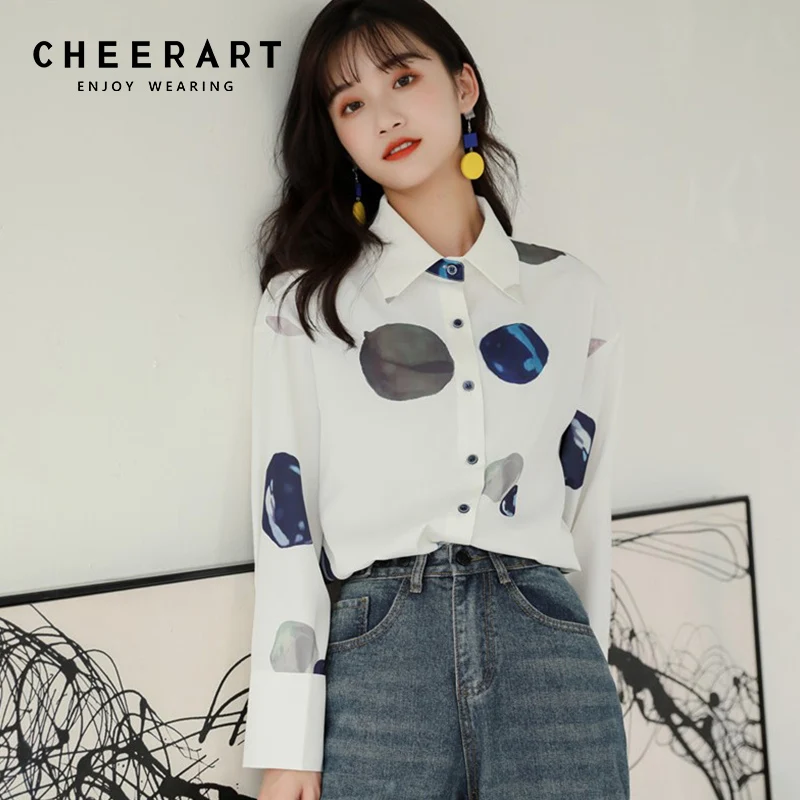 Рубашка Cheerart с длинным рукавом и принтом планеты Женские топы блузки белая