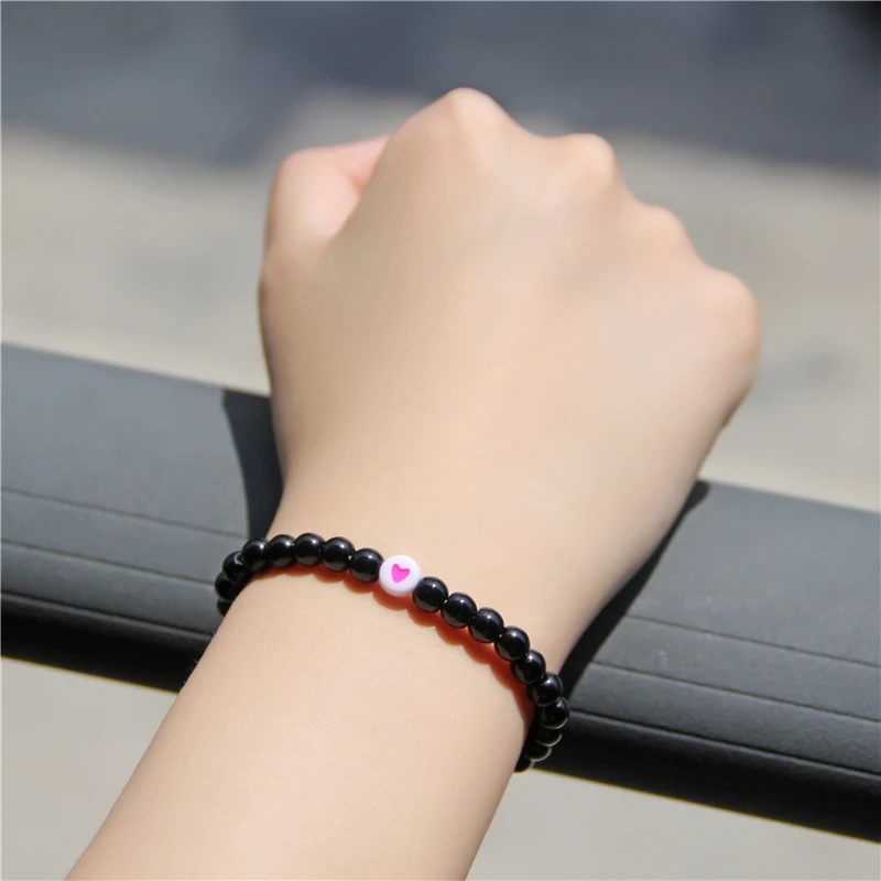 Pink Love Heart Round Flat Beads Woman Bracelets Natural Polished Black Gem Stone Beaded For Girl Friendship Bangles | Украшения и