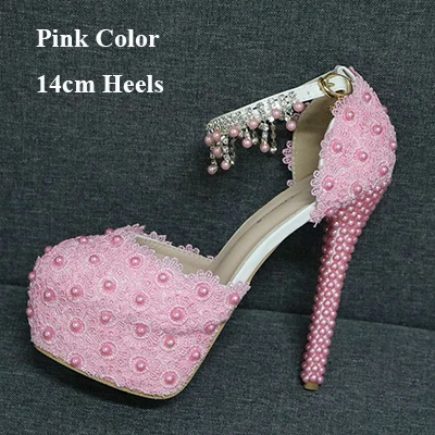 Pink 14cm Heels Белые босоножки на платформе с высоким каблуком и кружевными цветами для подружки невесты; свадебные модельные туфли с ремешками и пряжкой, украшенные бисером и кисточками; Туфли на каблуке для выпускного бала - Цвет: Pink 14cm Heels