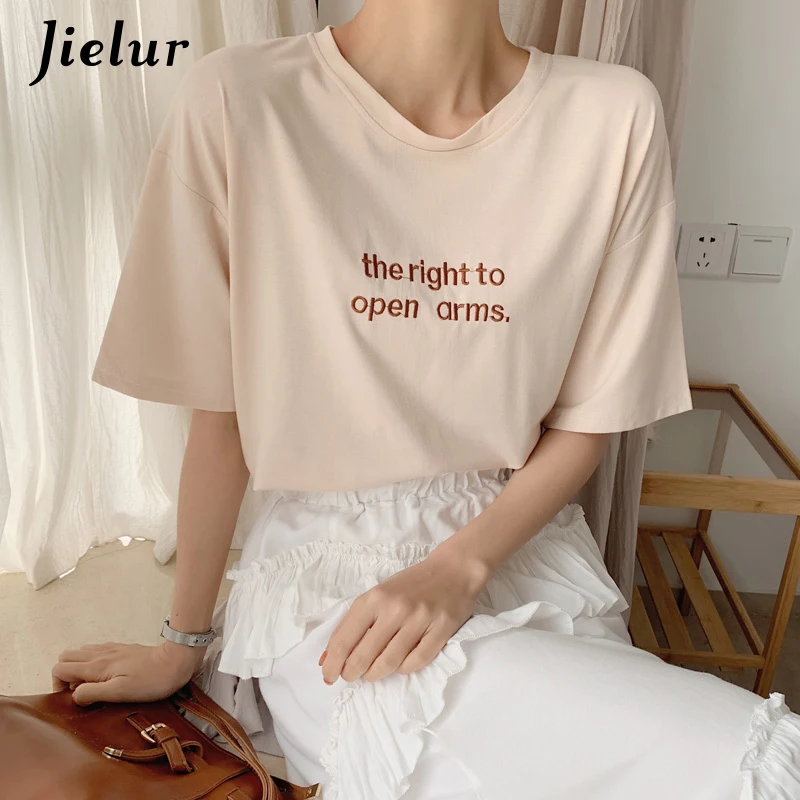 Jielur Женская Футболка Harajuku свободная вышитая с буквами женская круглым вырезом