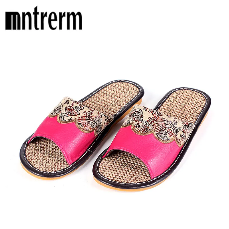 

Mntrerm Hot Sales 2020 Summer Genuine Cowhide Leather Women House Slippers Flat Flax Shoes Indoor Feminina Sandals Slippers