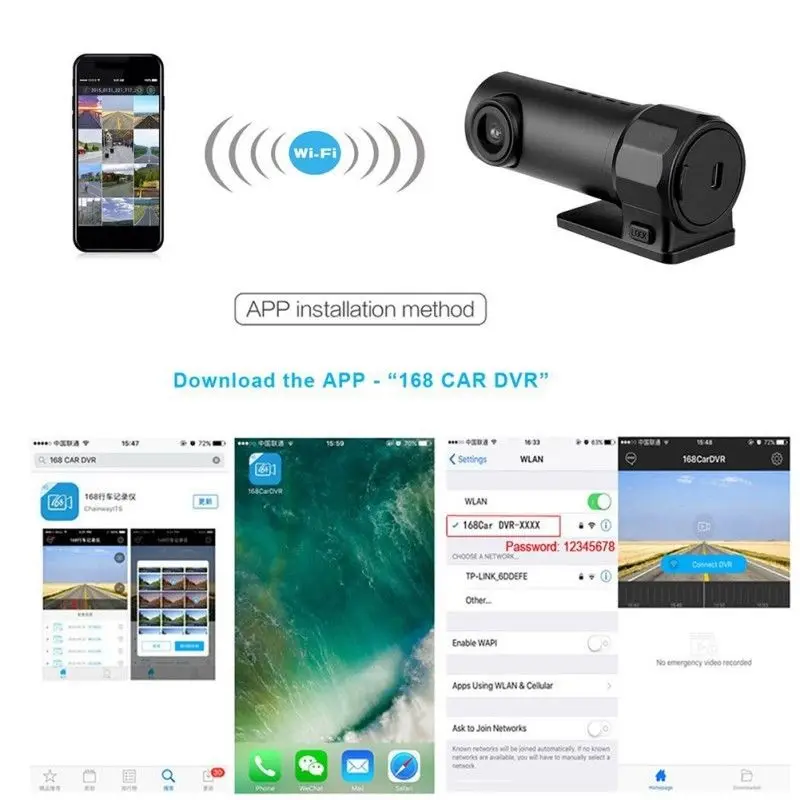 Видеорегистратор ночного видения Wi-Fi Широкий HD 1080P без экрана Автомобильный