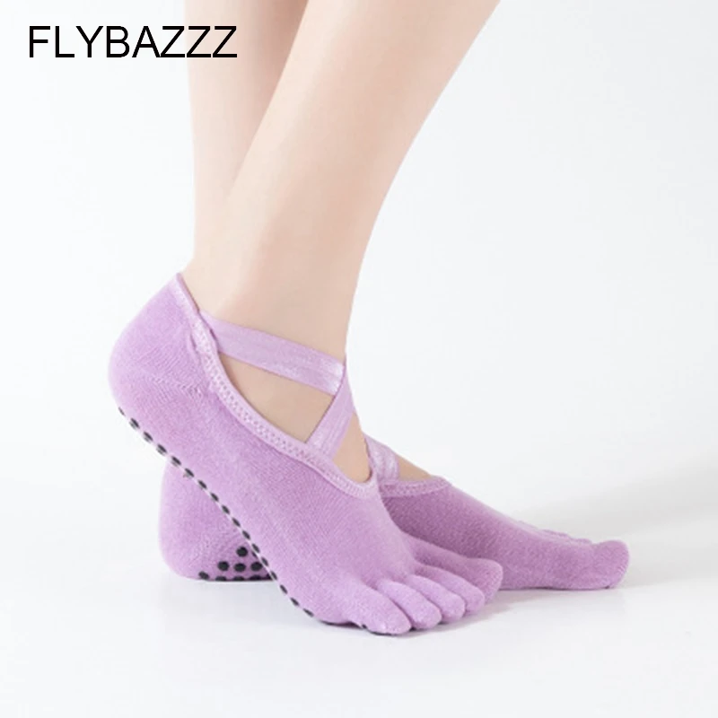 Light Purple Балетные Носки Для Йоги Нескользящие женские носки для танцев с низким вырезом носки с пятью пальцами мягкие хлопковые тапочки с открытой спиной - Цвет: Light Purple