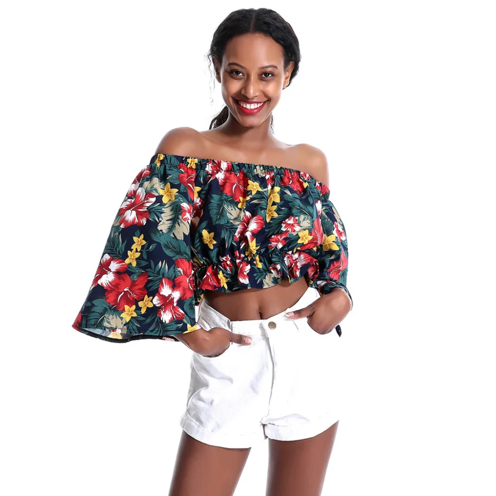 Женская футболка с открытыми плечами Летняя Пляжная цветочным принтом в стиле