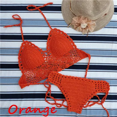 Orange Set Ручной работы крючком кружева вязать бюстгальтер купальники пляж пуш-ап бикини набор Холтер Cami Tank Crop Top - Цвет: Orange Set