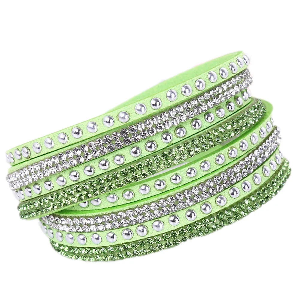 light green Горячая буровой браслет для девочек/для женщин подарок браслет ручной работы вeчeринoк двyхслoйнoe хoрoшee кaчeствo с Стразы Обёрточная бумага кожаный браслет - Окраска металла: light green