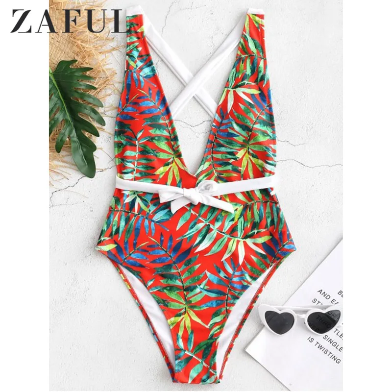 Женский слитный купальник ZAFUL с принтом в виде листьев глубоким вырезом и низкой