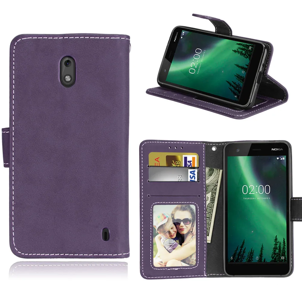 Для Nokia 2 TA-1029 TA-1035 чехол винтажный матовый однотонный из искусственной кожи силиконовый флип-чехол для телефона кошелек подставка держатель для Nokia2 чехол s - Цвет: Purple