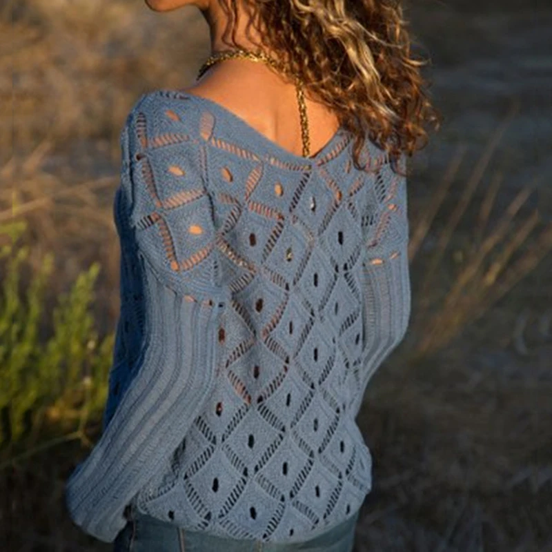 Женский трикотажный свитер Синий Свободный Топ с длинным рукавом и треугольным