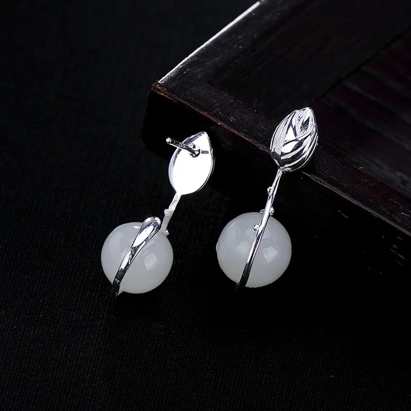 Uglyless Elegant Lady Nature Gemstones Earrings Handmade 100% Real Solid 925 Silver Lotus White Jade Balls Fine Jewelry | Украшения и