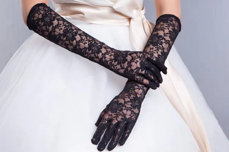 

New Brand Gauze Finger Elbow Length Women Lace Gloves 2016 luva de noiva Bridal Charming Long White Black and Red Gloves