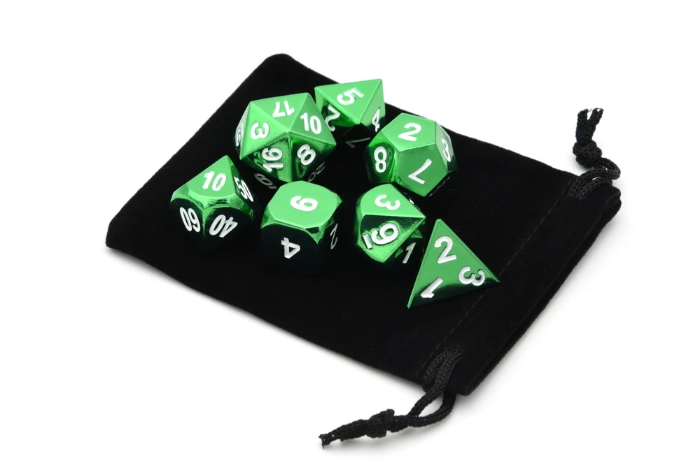 Зеленые металлические игральные кости DND многогранные игральные кости D20 D12 D10 D% D8 D6 D4 для ролевых игр MTG настольные игры с мешочком на шнурке