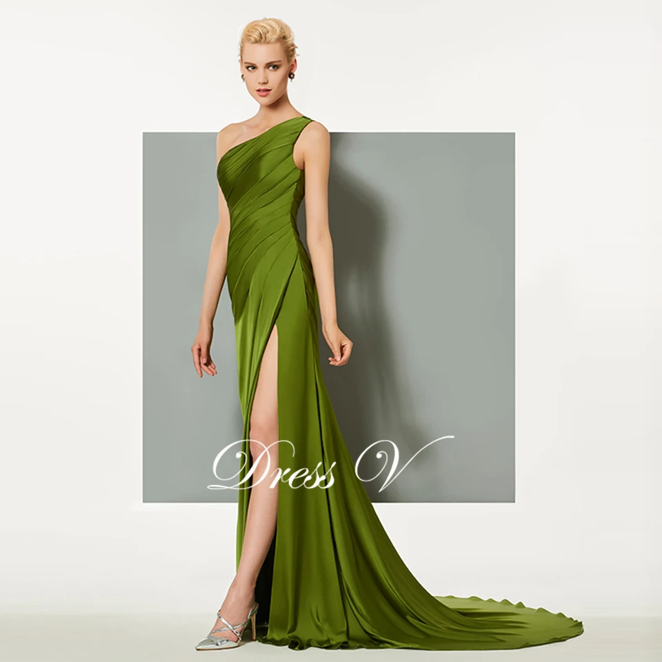 Dressv, зеленое элегантное вечернее платье, облегающее, со шлейфом, на одно плечо, с разрезом спереди, для свадьбы, вечеринки, торжественное платье, колонна, вечернее платье es