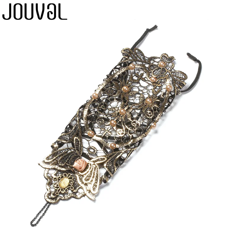 JOUVAL, ручной работы, сексуальный готический женский браслет, черный и золотой, кружевной, на палец, Цветочный браслет, имитирующий жемчуг, роза, женские свадебные ювелирные изделия