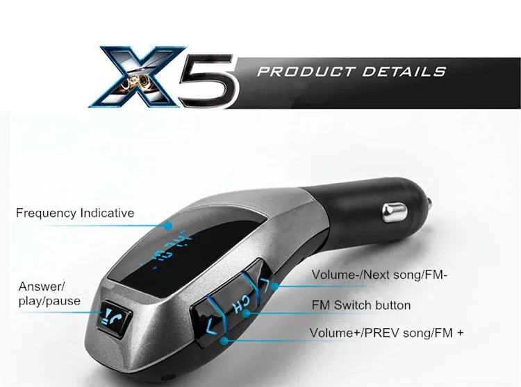 X5 громкой связи Bluetooth FM передатчик, автомобильный набор, MP3 музыкальный плеер Радио адаптер работает с картой TF U диск для iPhone смартфона