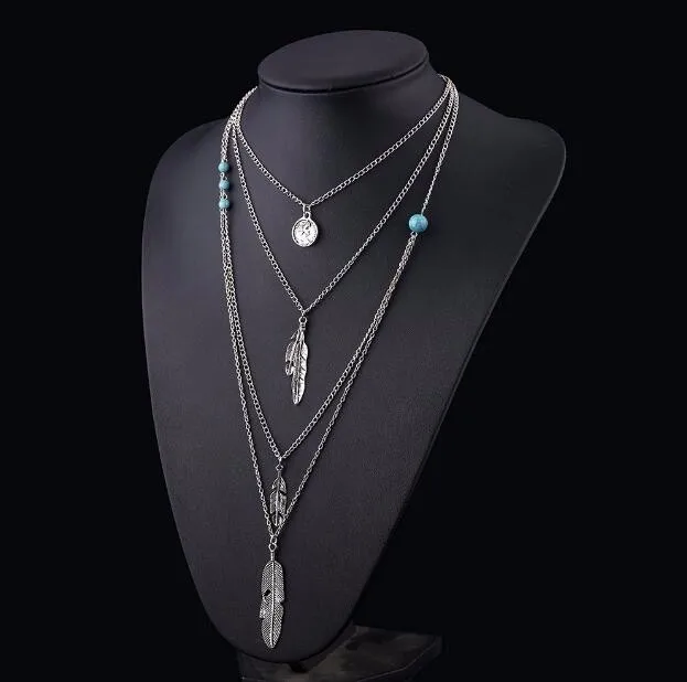 Бренд моды Бохо антикварные серебряные Многослойные перья Bijoux Шарм ожерелье s бусы ожерелье Maxi, ювелирные изделия N60