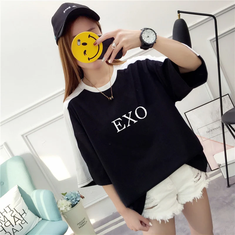 black 1 Ulzzang рубашка Харадзюку каваи Женская хлопчатобумажная рубашка Топ тройники Лето размера плюс Kpop EXO Kpop футболка женская уличная рубашка - Цвет: black 1