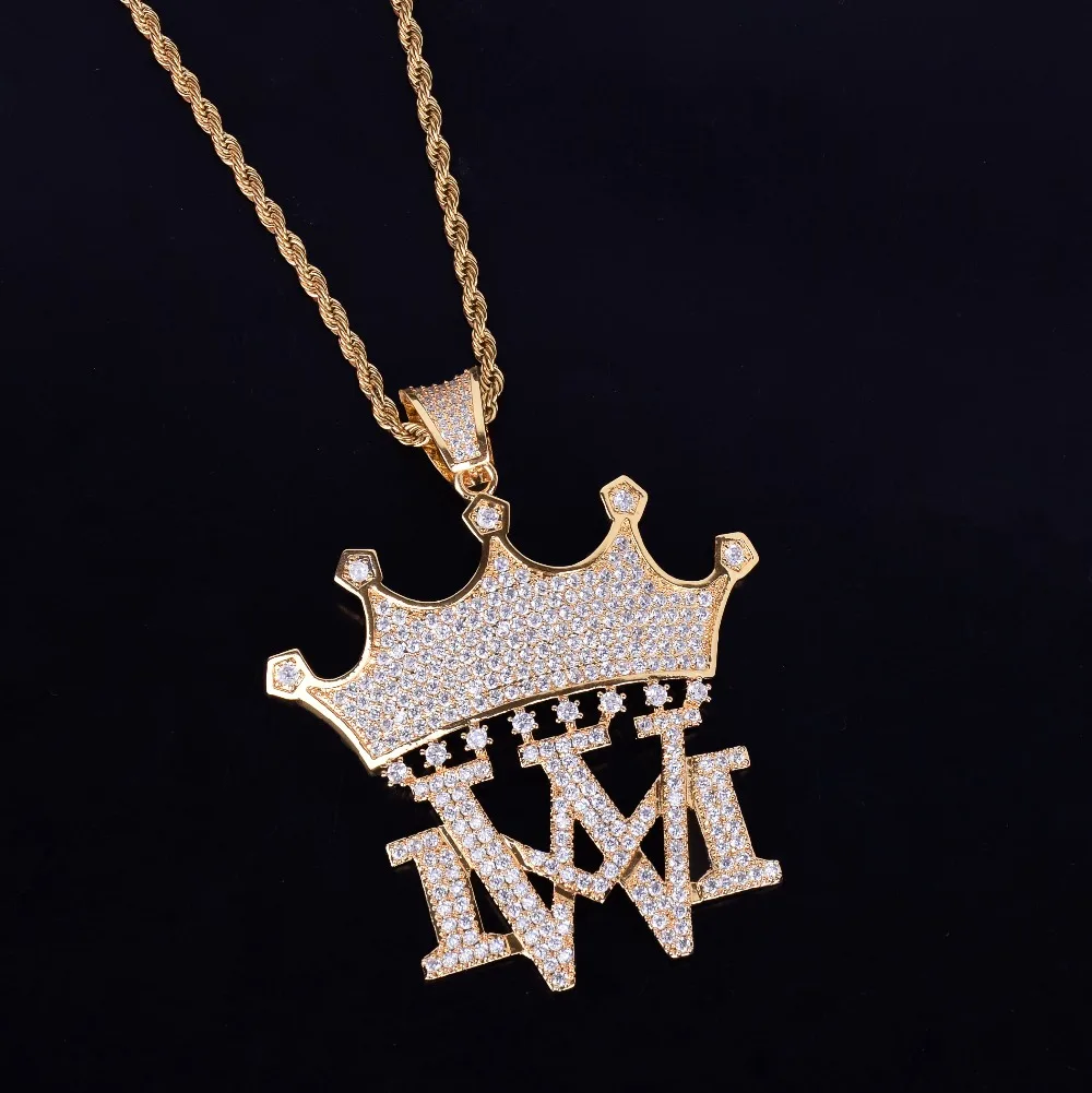 Корона с MW ожерелья и кулоны с теннисной цепочкой Золото Серебро Цвет Bling кубический циркон мужские хип хоп ювелирные изделия