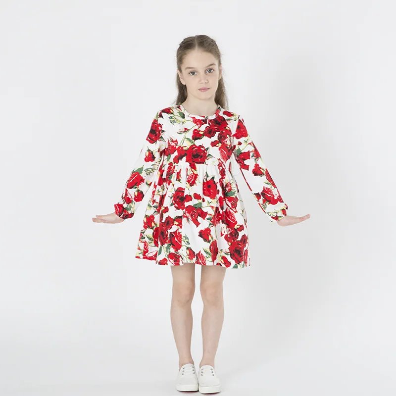 Red Flower Princess Dress Girls Long Sleeve Floral Baby Girl Wedding Party Dresses Print Outfits Toddler Clothing For 3-8T | Детская