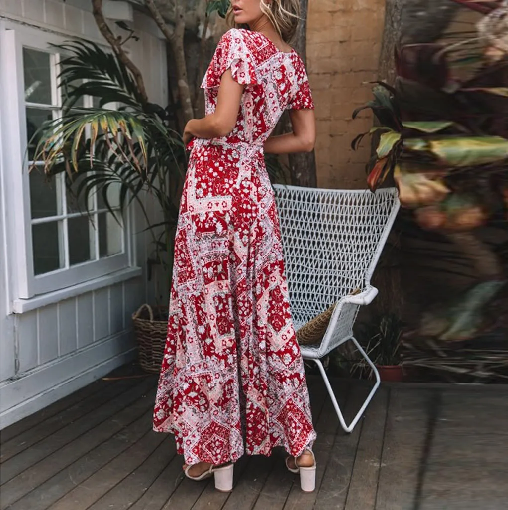 Свободное женское платье из страуса, бохо, длинное, VNeck, цветочное, синее, вечернее пляжное платье, сарафан, растущее, свежее, модное, женское платье, летнее