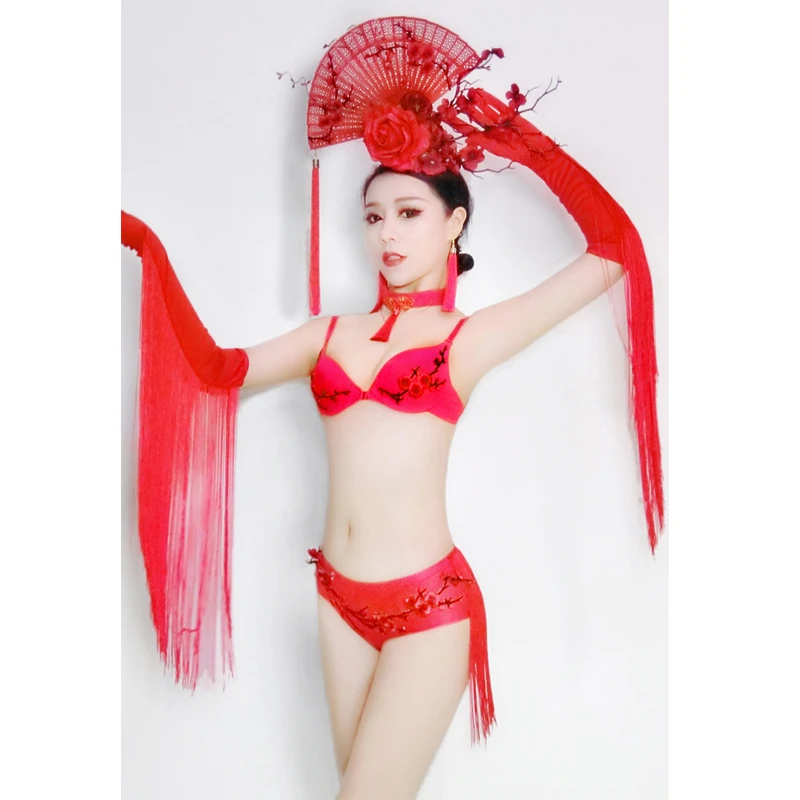 

New Jazz Dance Costumes Red Bikini Stage DJ Dance Wear Costume Women Singers Tassel Performance Clothes Wear Bikini Suit DQS1302