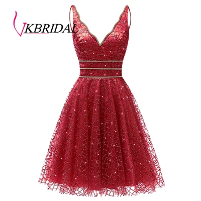 Red VKbridal/блестящее мини-платье с глубоким v-образным вырезом и кристаллами для выпускного вечера, сверкающие платья для выпускного вечера, короткие платья для девочек - Цвет: Red