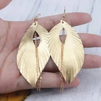 zwpon link chain tassel hypoallergenic tan leather feather earrings for women fringed leaf earrings jewelry wholesale