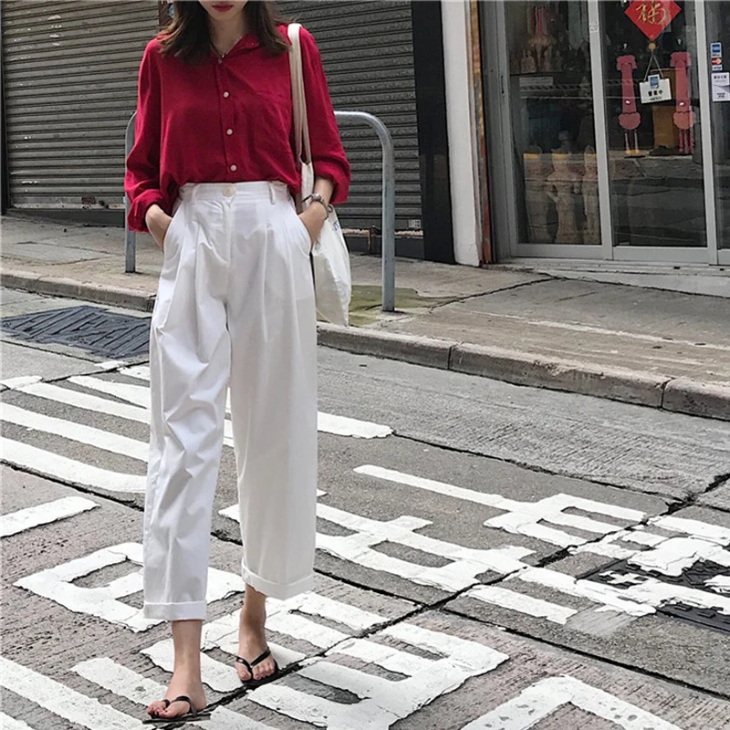3 цвета Mihoshop Ulzzang Корейская женская модная одежда с высокой талией белые брюки