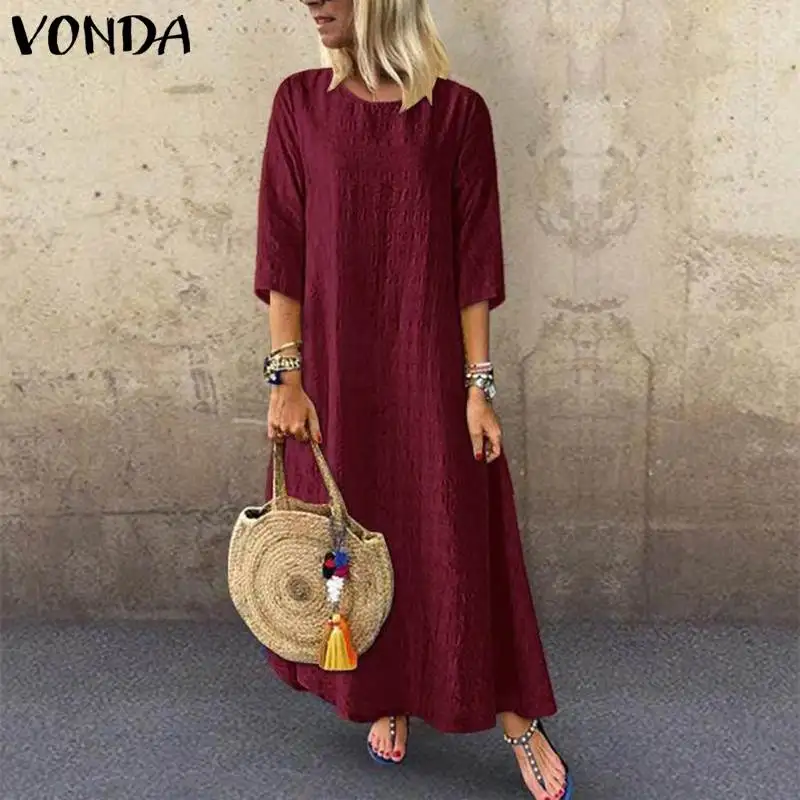 Макси платья VONDA 2020 богемное сексуальное платье с О образным вырезом и рукавом 3/4