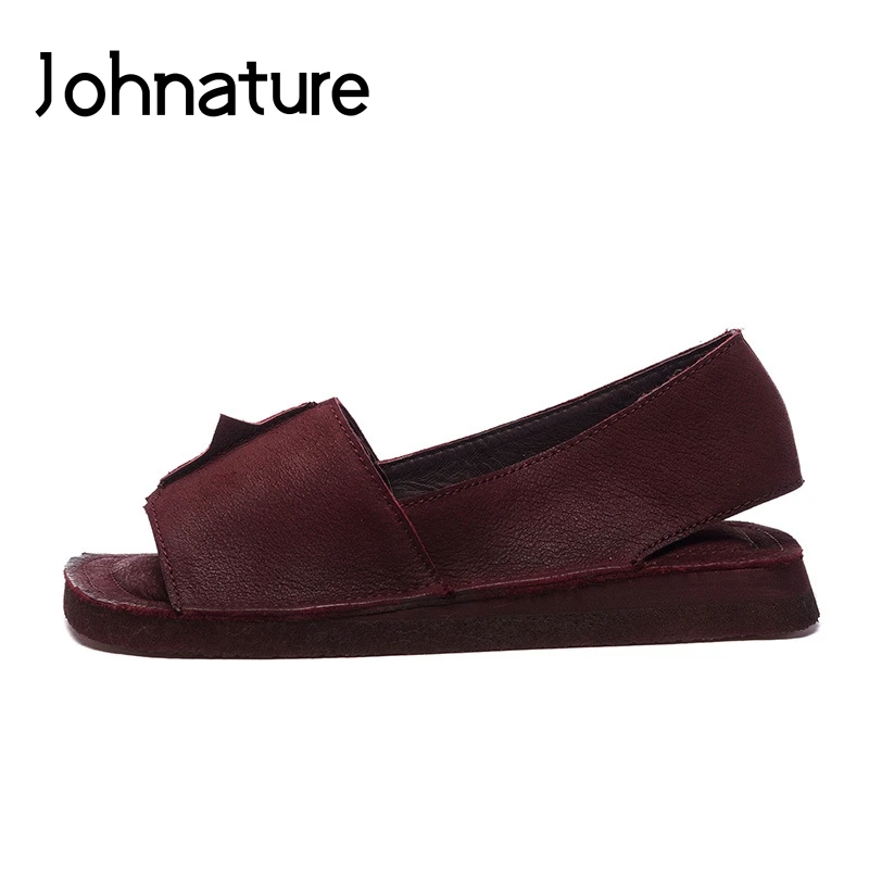 Johnature/повседневные Летние босоножки без застежки из натуральной кожи; однотонная женская обувь ручной работы в стиле ретро с ремешком сзади на плоской подошве винно-красного цвета