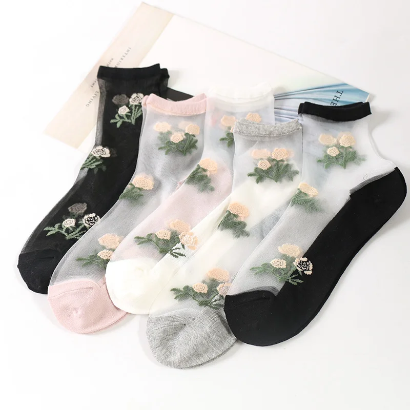 Новинка 5 пар/партия весенние прозрачные короткие носки с розовыми цветами