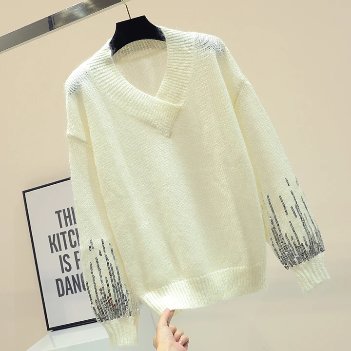 Pullover women bf style V-neck solid color sequin stitching long-sleeved sweater 2018 autumn new jumper white top | Женская одежда