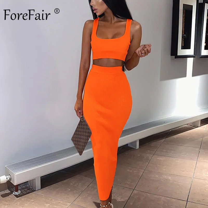 Orange Dress Forefair женское летнее платье из двух частей, неоновый розовый зеленый оранжевый с открытыми плечами, 2 предмета, вечерние, Клубные, ребристые, трикотажное, сексуальное, миди платье - Цвет: Orange Dress