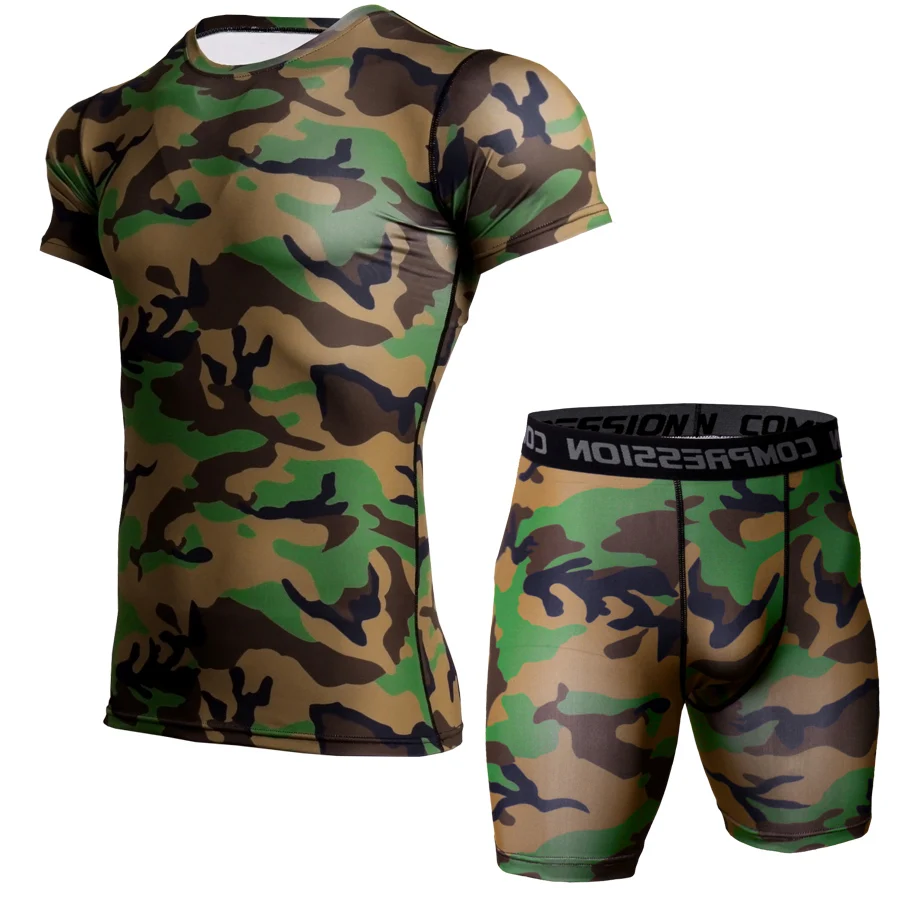 Камуфляжная футболка для фитнеса Мужская компрессионная бодибилдинга короткие