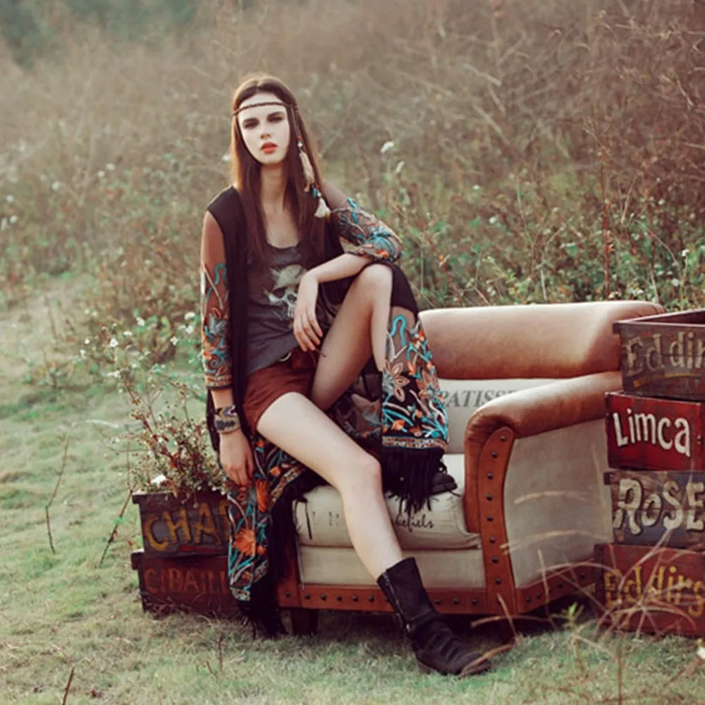 Женский прозрачный длинный кардиган с цветочной вышивкой из шифона кисточками