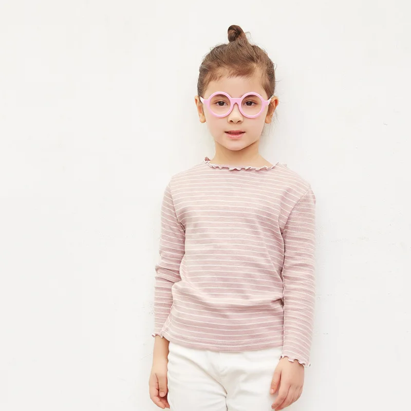 

Универсальная футболка для девочек, топ из чистого хлопка в полоску на весну и осень, Детская вязаная футболка с воротником с ушками, верхня...