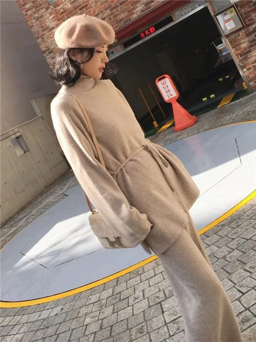 picture color CBAFU S-XL, осенне-зимний вязаный женский костюм, комплект из 2 предметов, Однотонный свитер с высоким воротом, трикотажные штаны, костюм, пуловер, комплекты N892 - Цвет: picture color