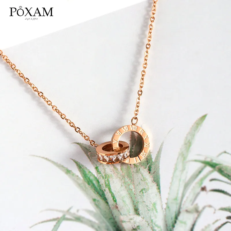POXAM Роскошные элегантные хрустальные колье модные римские цифровые из нержавеющей стали кулон из золота и серебра ожерелья для женщин мужские ювелирные изделия
