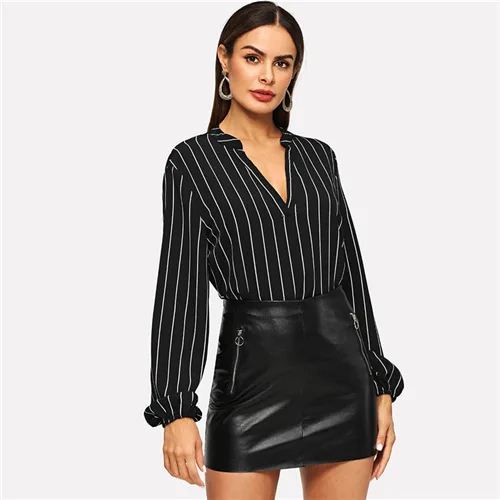 Black and White Sheinside женские блузки и рубашки в черно-белую полоску Офисная Женская рабочая одежда с v-образным вырезом Элегантная блузка Осенние Топы с длинными рукавами - Цвет: Black and White